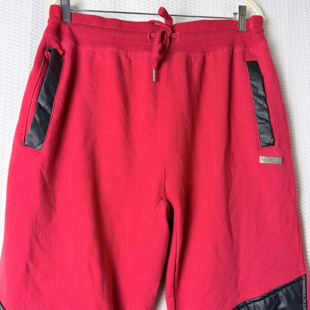 Parish Nation Joggers Men XL Red Streetwear Quilted Faux Leather Trim Moto Pants